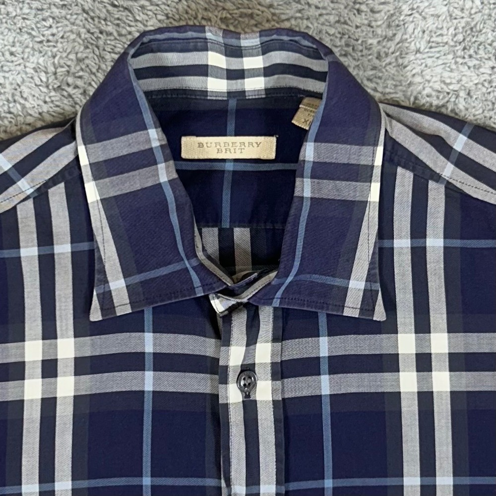 Burberry Brit Mens XL Classic Fit Navy Blue Plaid Cotton Button Down Shirt